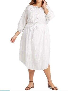 Ava & Viv White Boho Midi Dress 1X Adjustable Waist Lined Peasant Style